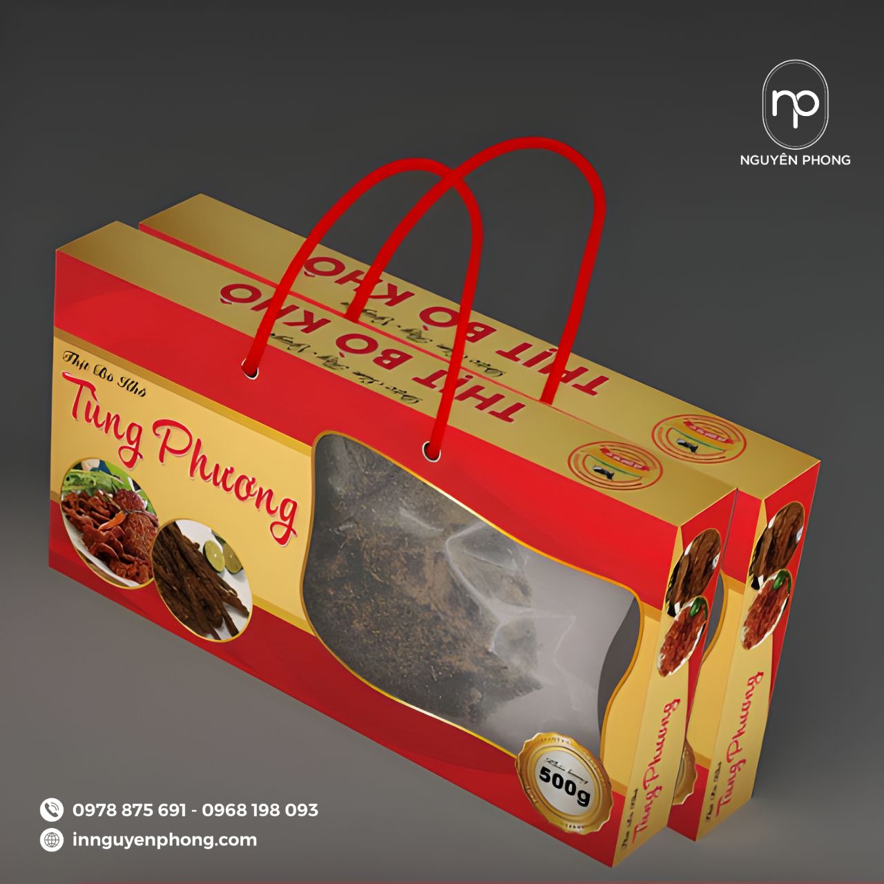 Mẫu túi giấy dạng hộp đựng bò khô